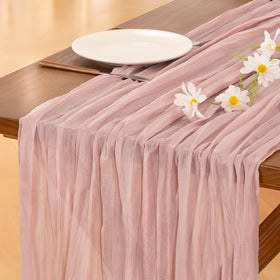 Socomi pink cheesecloth runner on a wedding table adds rustic elegance and soft ambiance