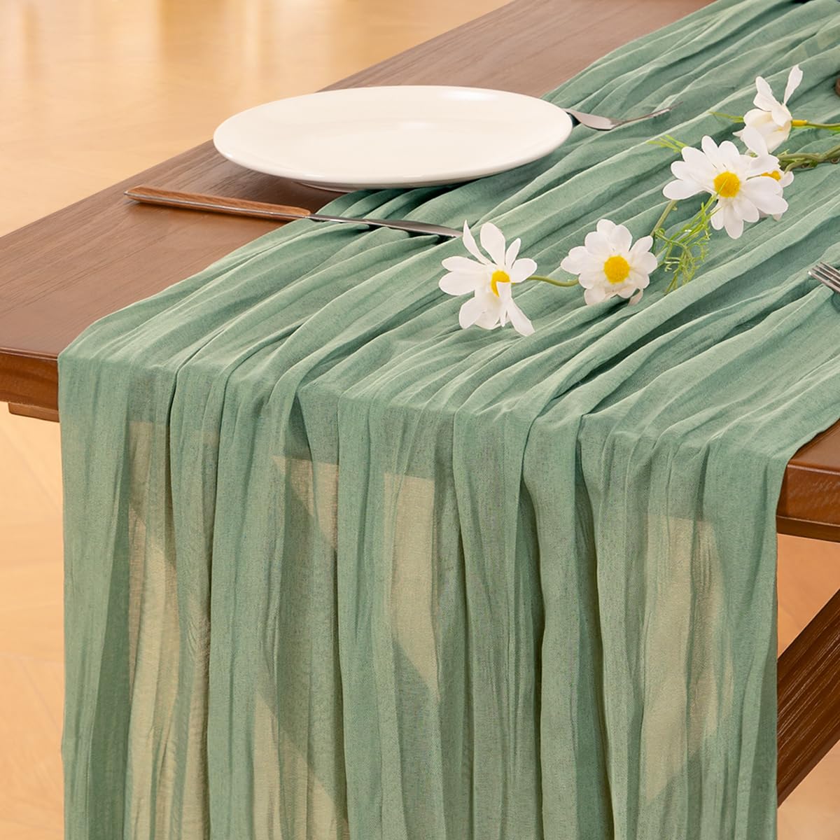 Socomi cheesecloth runner creates a relaxed, inviting atmosphere for gatherings.