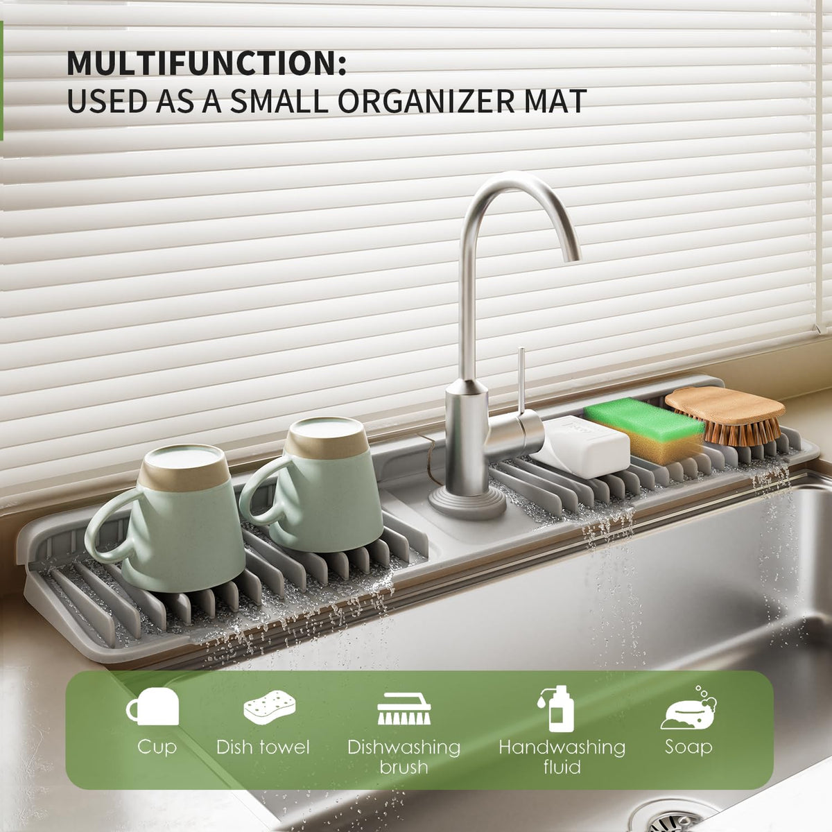 SOCORIA silicone faucet mat with 7° slope promotes fast drainage and minimizes buildup.