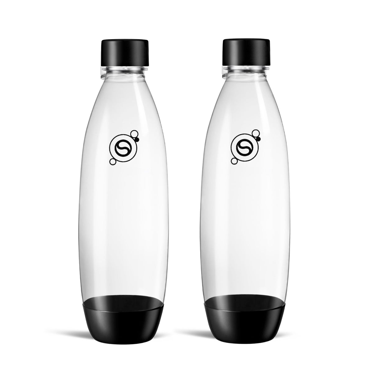 Sodastream 1L slim black bottle twin pack on kitchen counter keeps fizz longer.