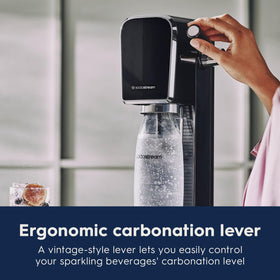 Handle-operated carbonation delivers easy, battery-free operation for busy mornings.