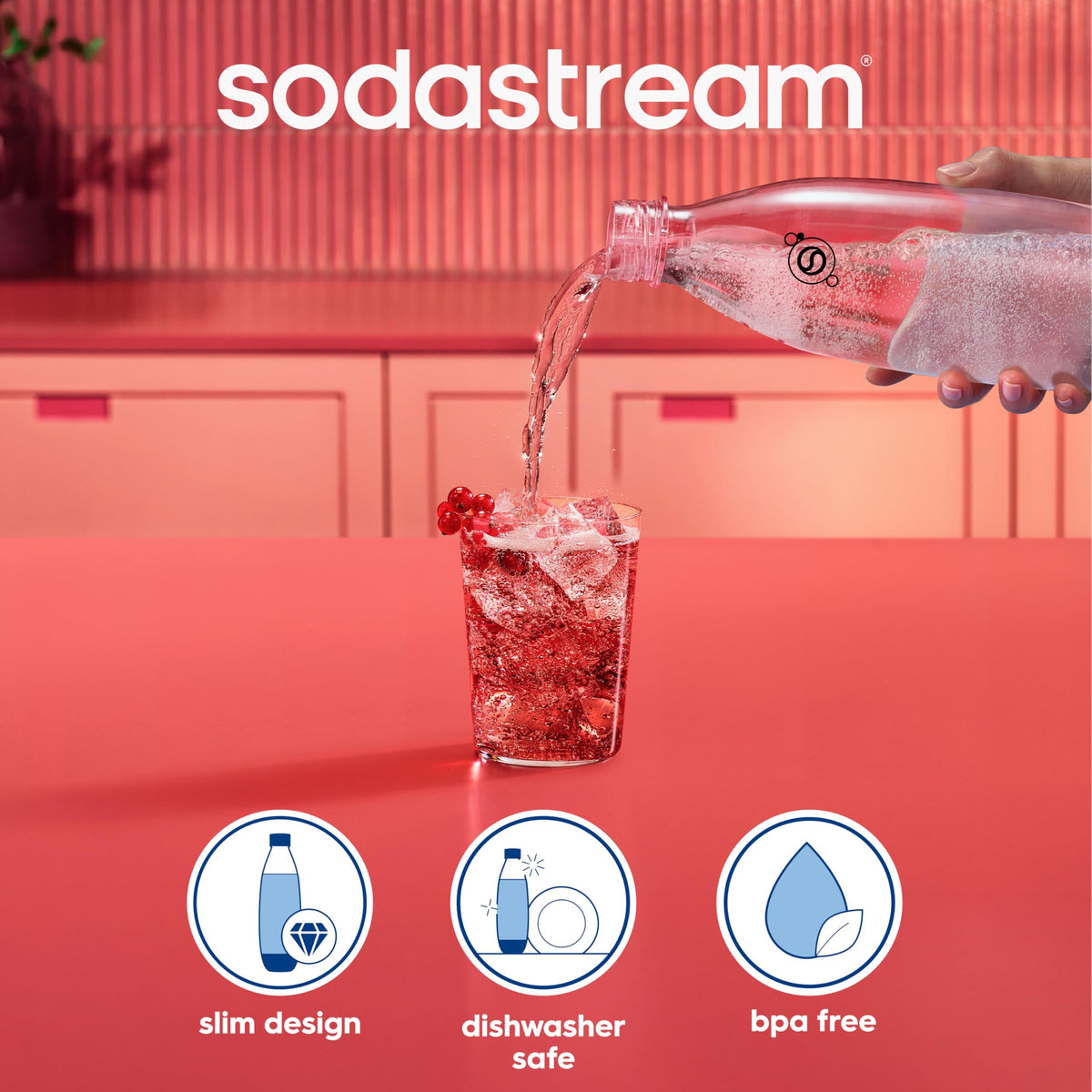 Sodastream black slim bottle in car cup holder for on‑the‑go hydration.