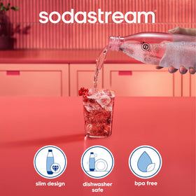 Sodastream black slim bottle in car cup holder for on‑the‑go hydration.