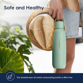 Sodastream Fizz & Go Storm bottle beside color swatches for stylish hydration.
