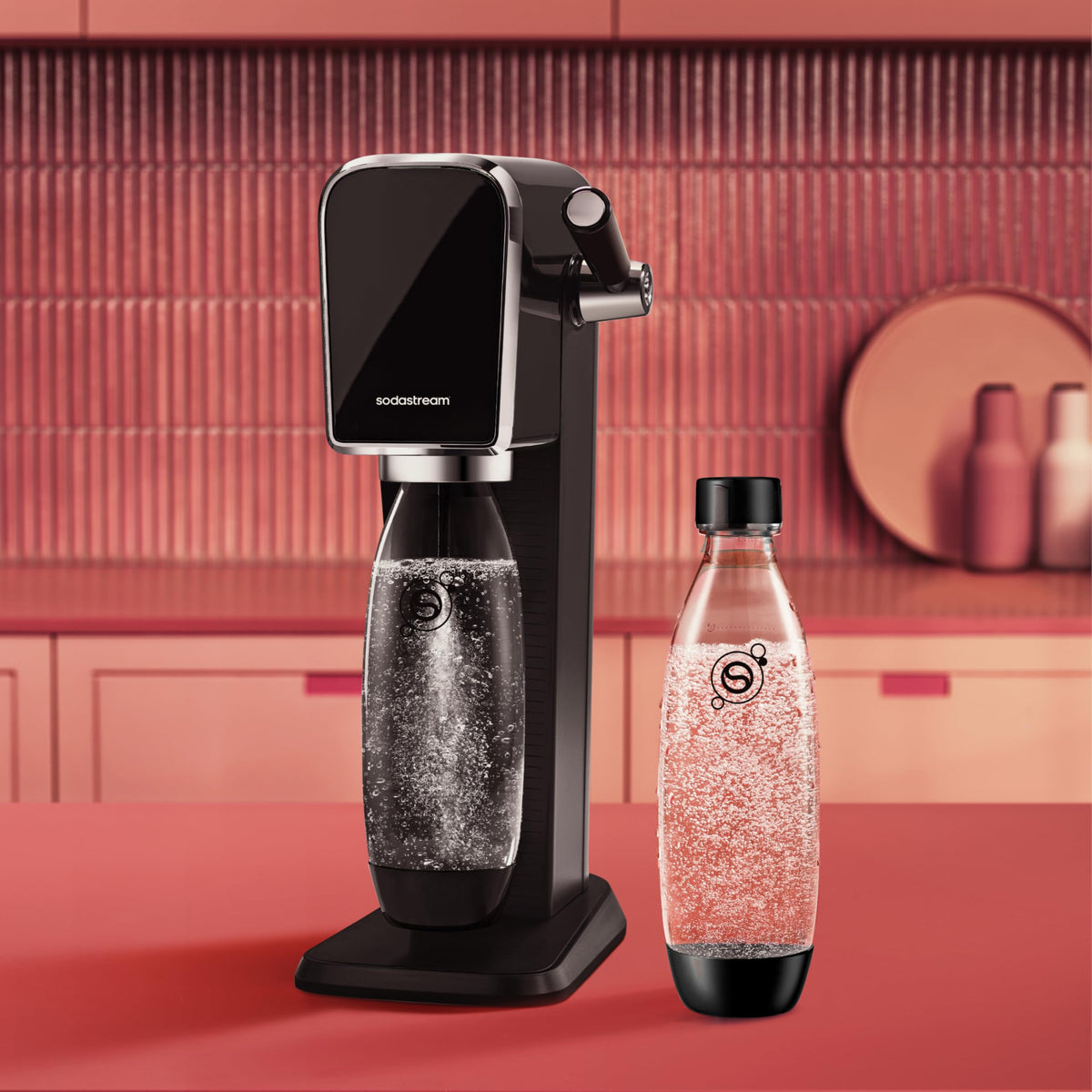 Sodastream slim neck black bottle on counter supports easy home use.