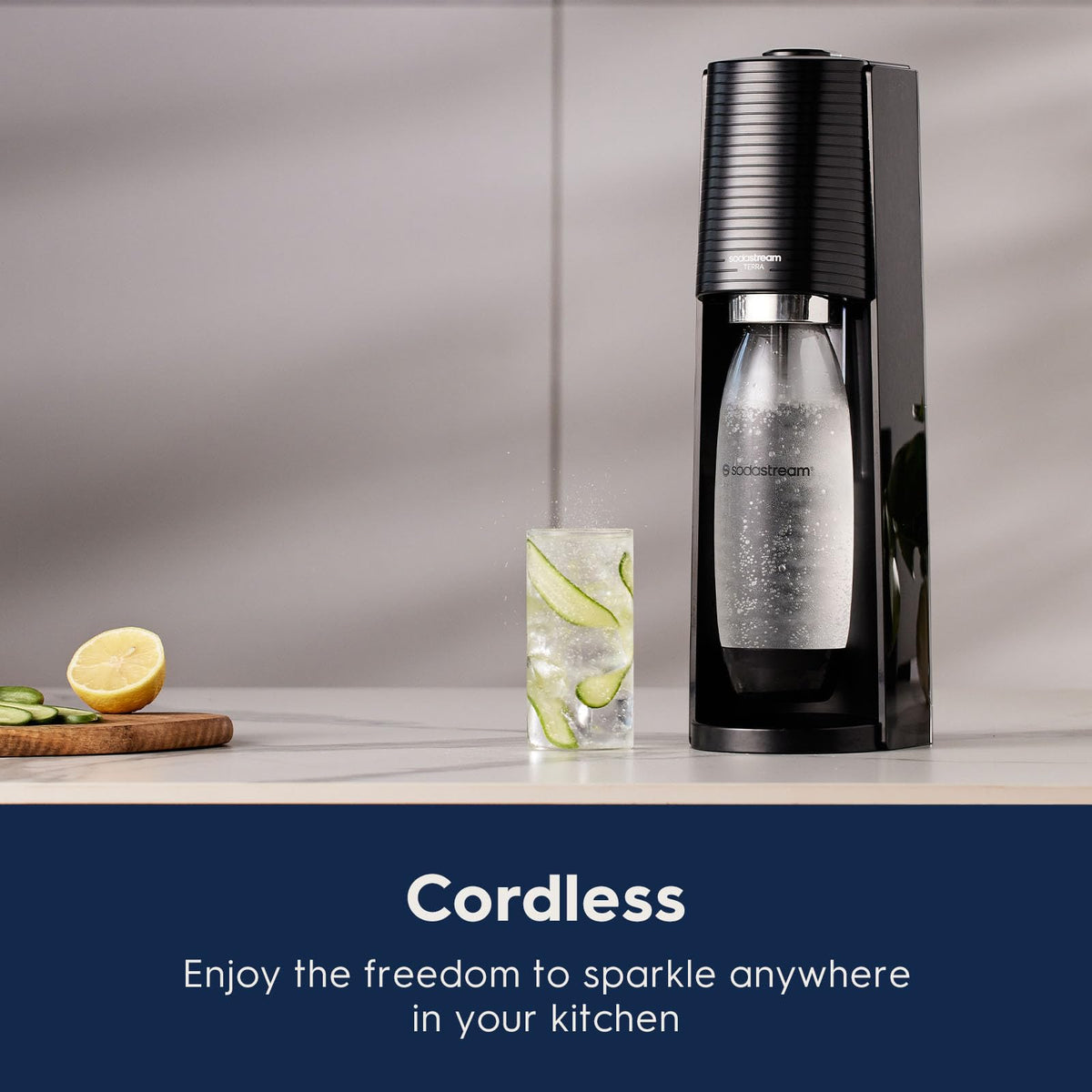 Sodastream Terra bottle in use delivering fresh sparkling water