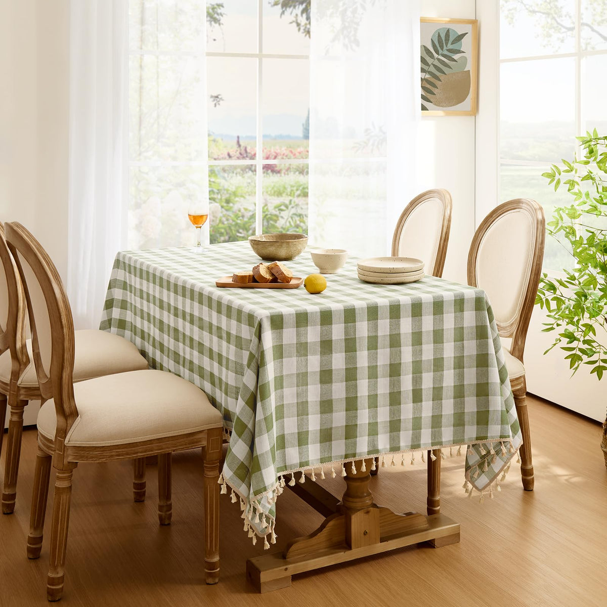 Softalker 55x55 sage tablecloth with easy-care instructions.
