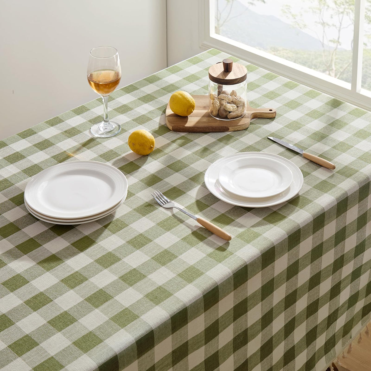 Softalker linen-cotton tablecloth shows wrinkle-resistant finish for outdoor dining.