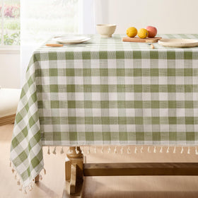 Softalker buffalo plaid tablecloth sage with tassels, perfect for outdoor picnics