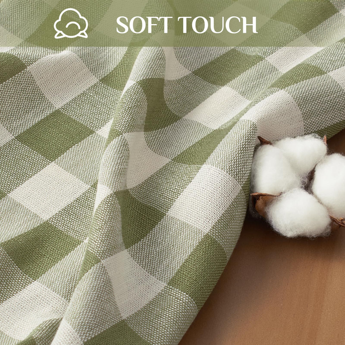 Softalker sage buffalo plaid tablecloth enhances rustic dining setup.