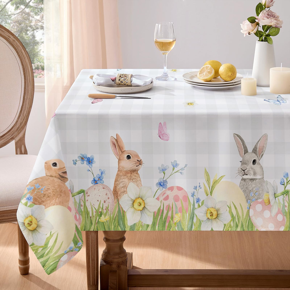 Softalker bunny-eggs grey-check tablecloth ideal for Easter dining.