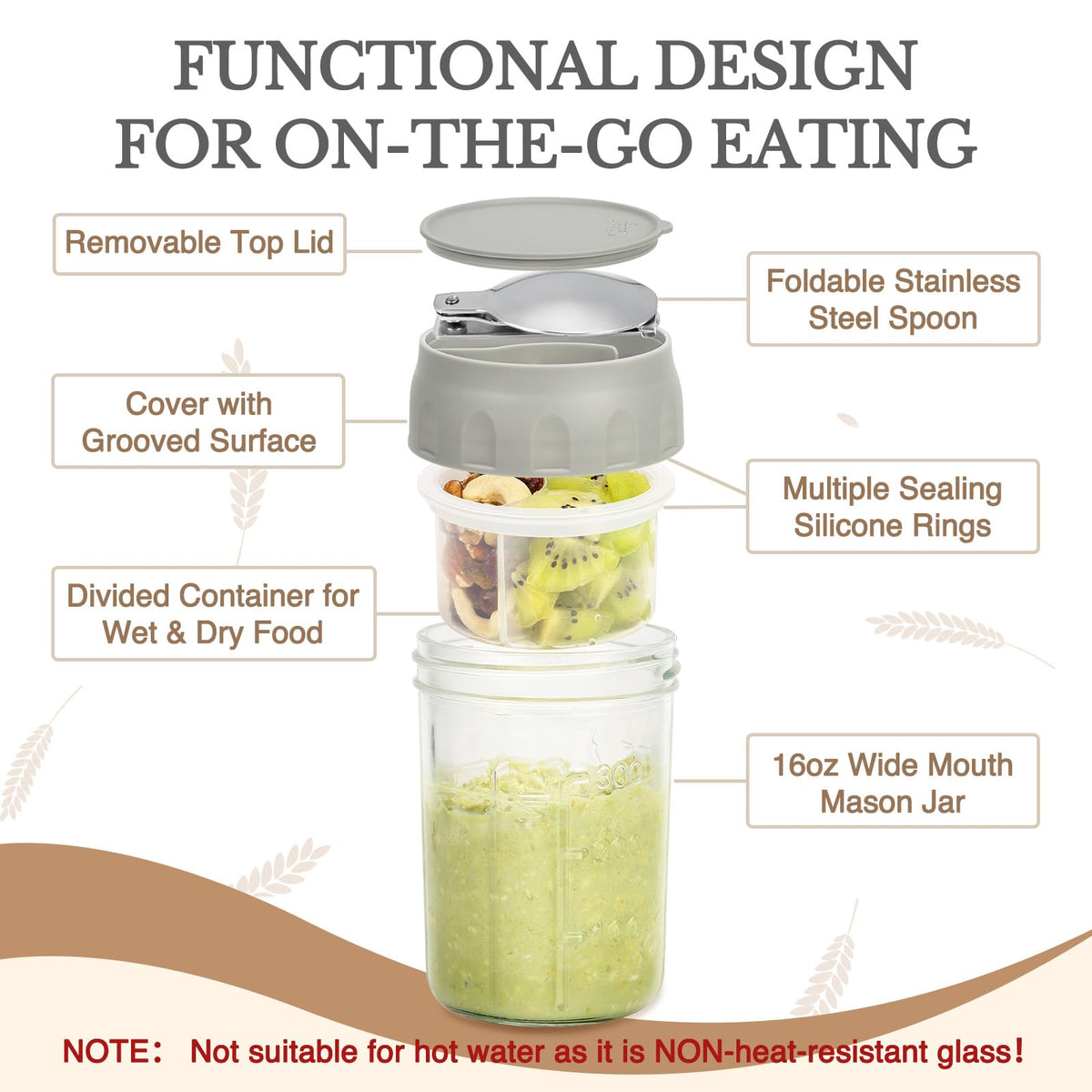 SOLIGT 16oz glass mason jar in smoke gray for oats