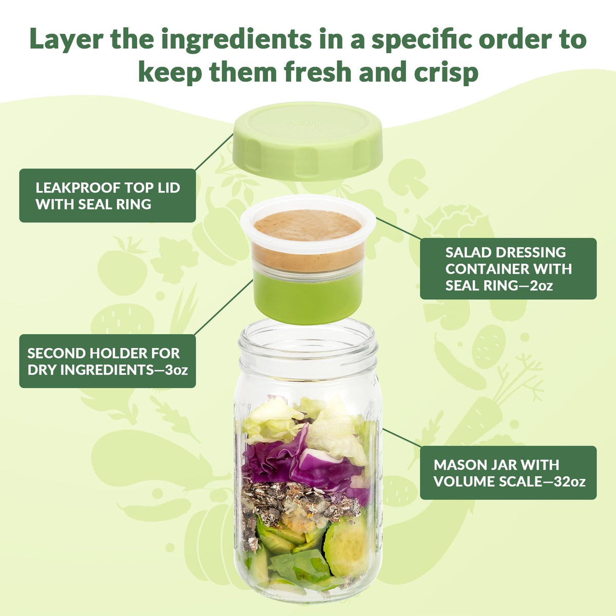 SOLIGT 4-pack glass salad jars with orange lids for colorful meal prep.