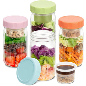 SOLIGT 4-pack glass salad jars with pink lids for fresh, organized lunches.