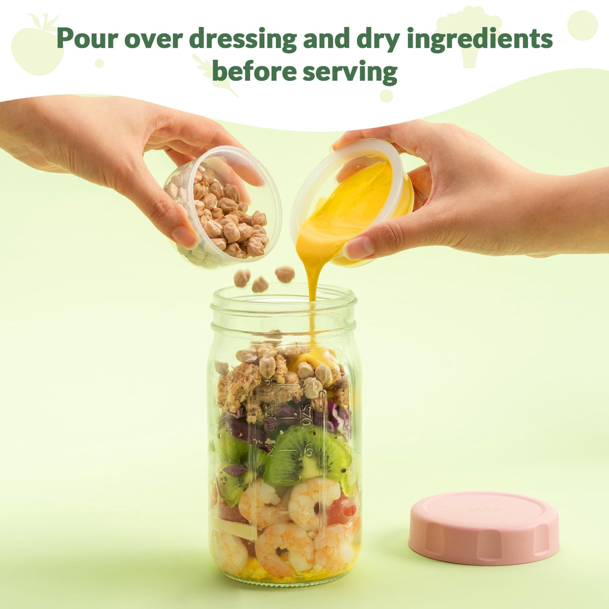 SOLIGT 4-pack glass salad jars with sky blue lids for grab-and-go meals.