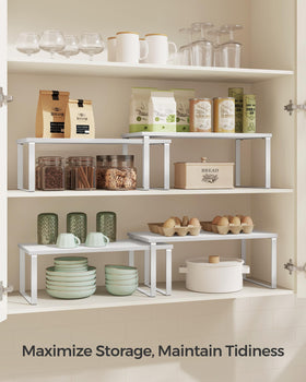 SONGMICS adjustable shelves kitchen configuration adapts to awkward gaps for better storage.