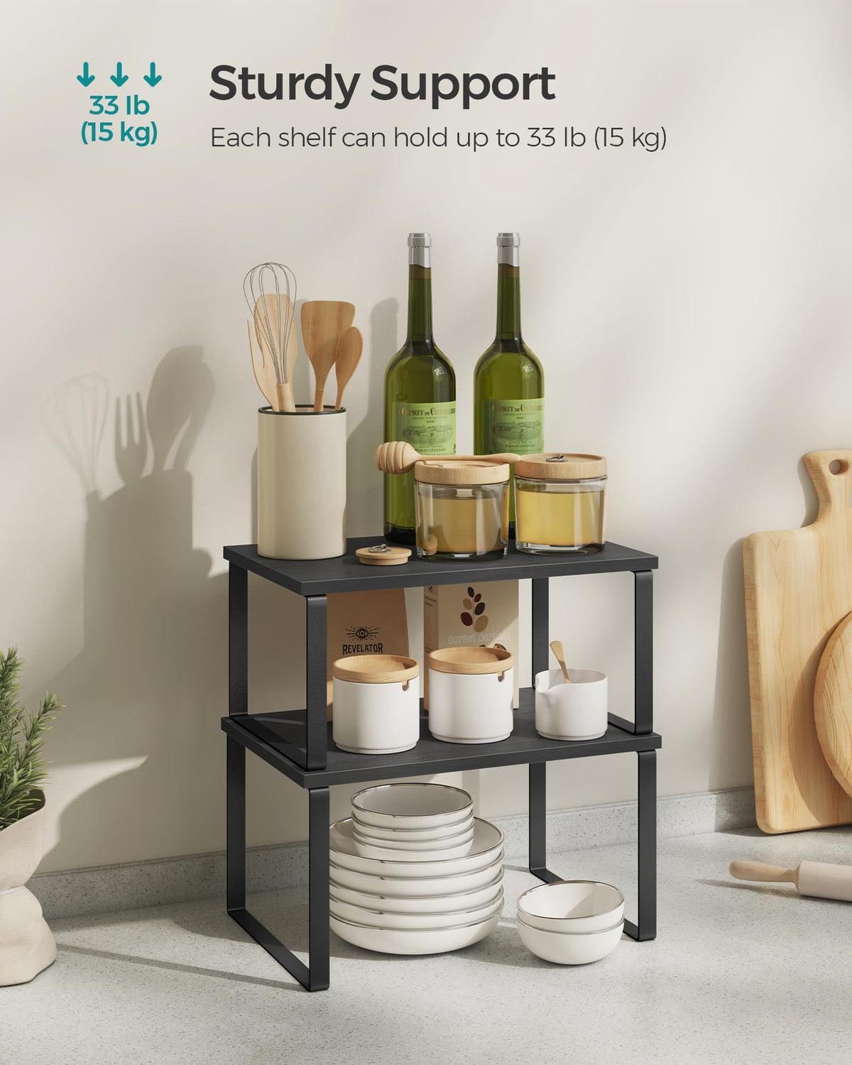 Songmics adjustable stackable shelves fit tight spaces.