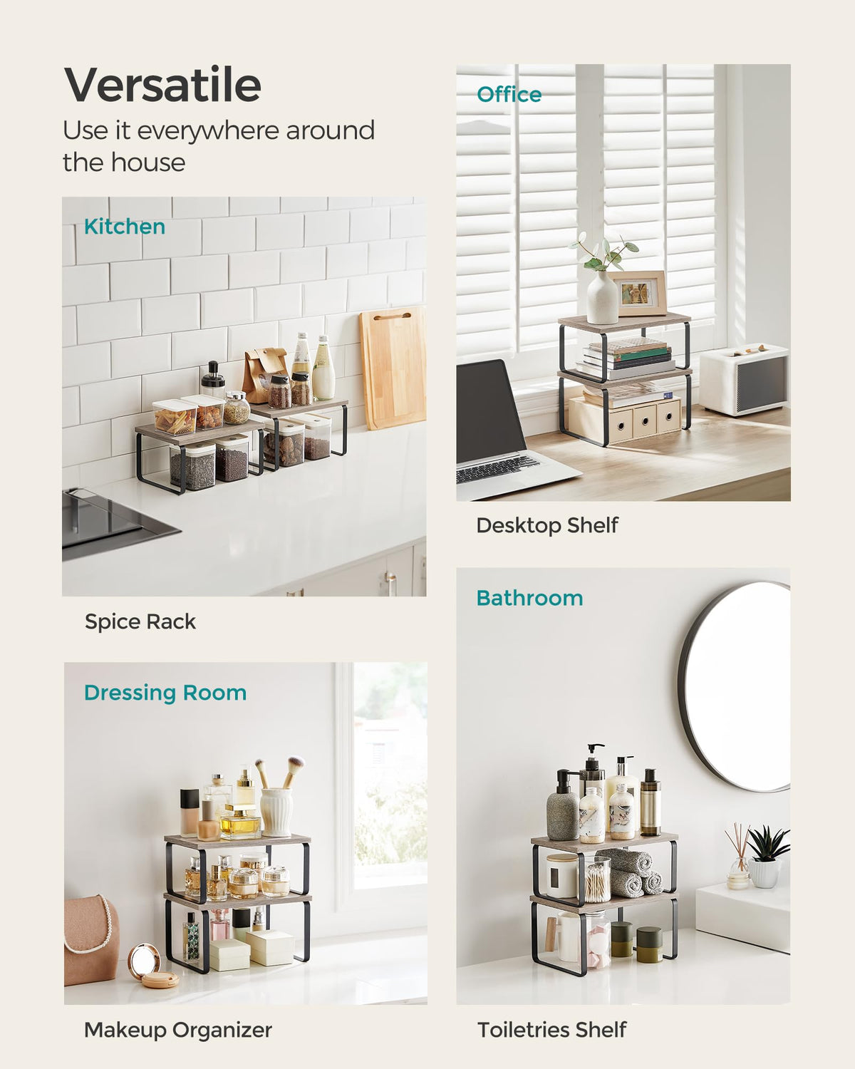 SONGMICS cabinet organizer shelf two sizes provide flexible space for small and large items.