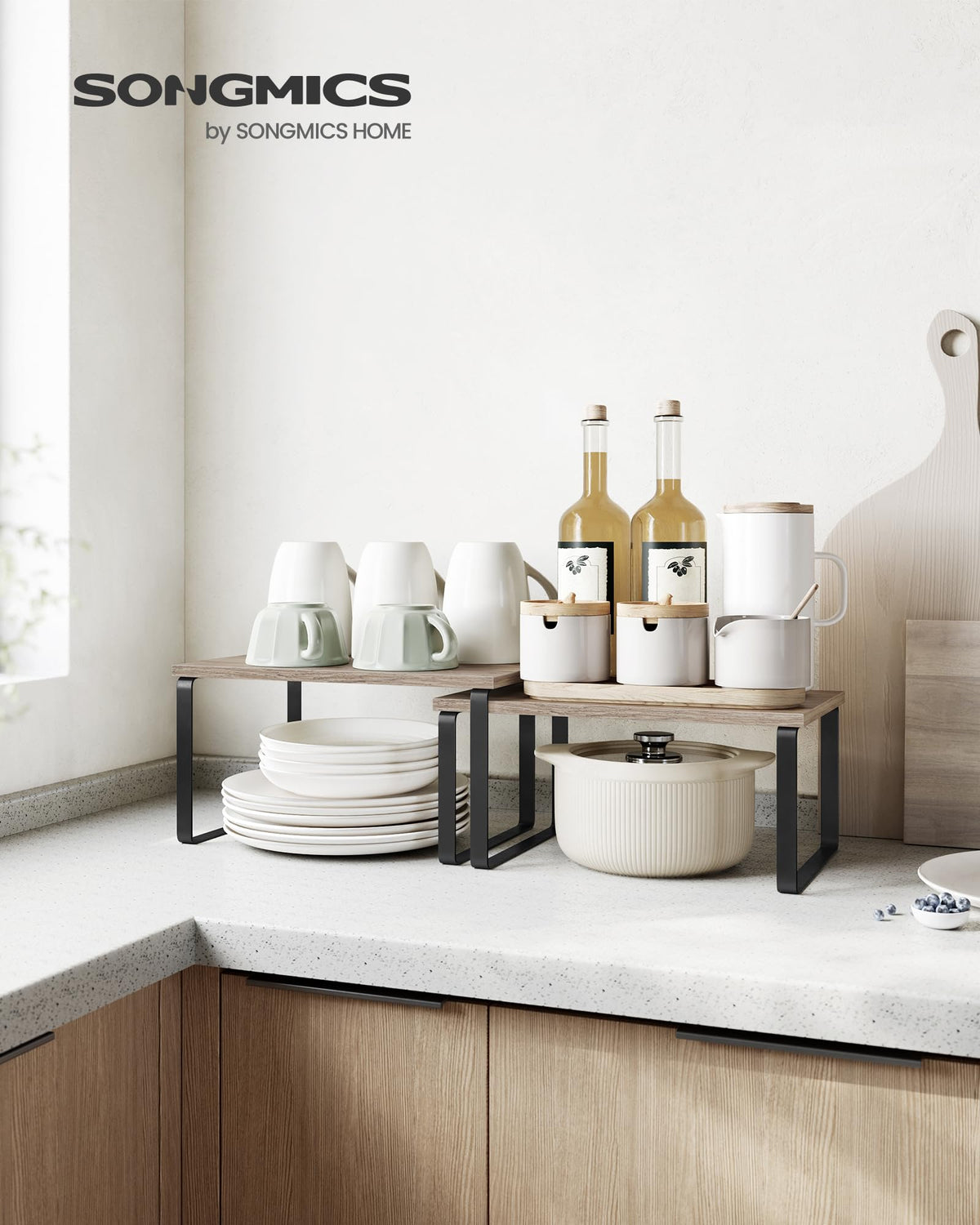 SONGMICS cabinet organizer shelf kitchen setup demonstrates neat pantry storage and easy reach.