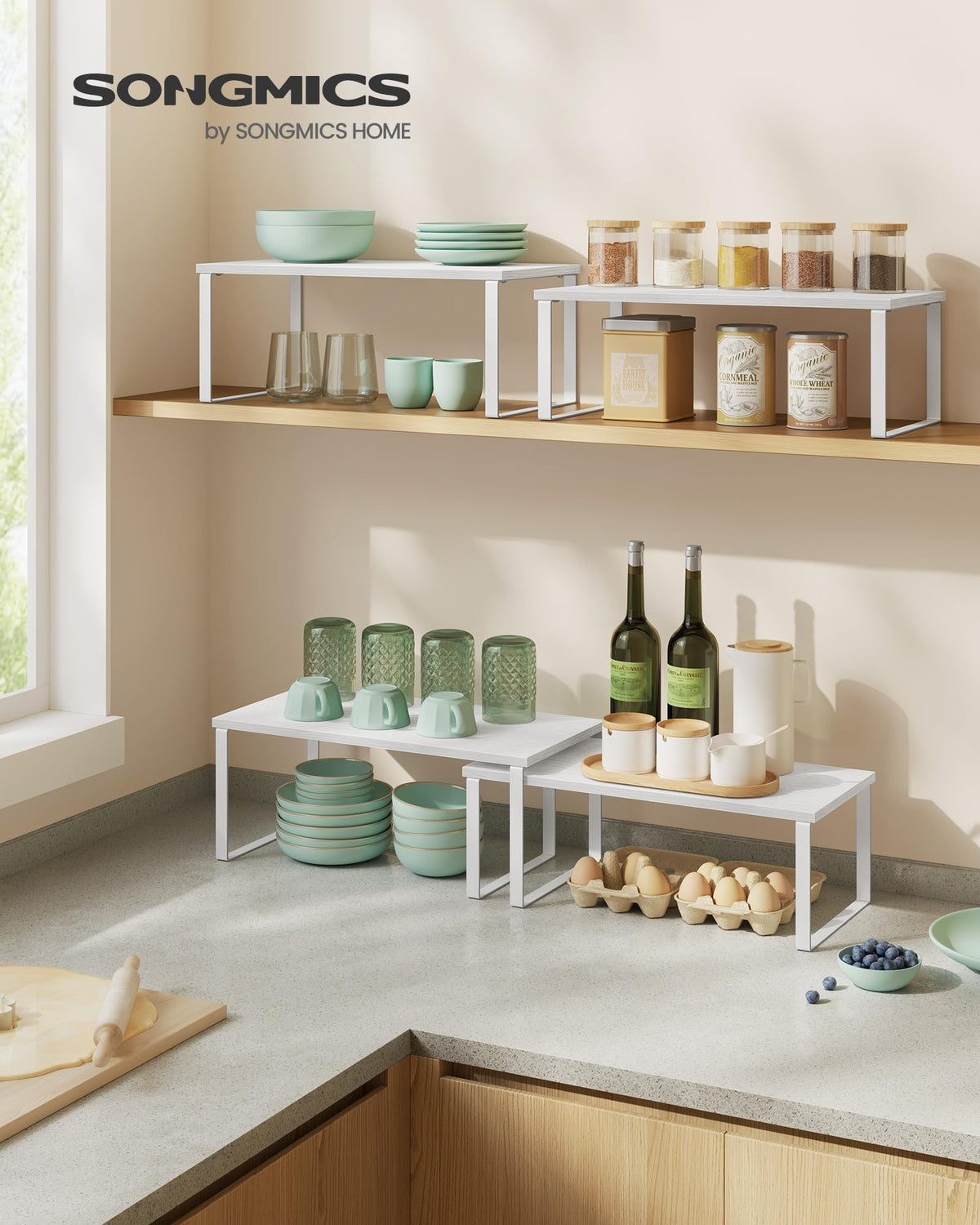 Songmics stackable kitchen shelves maximize cabinet storage and pantry organization.