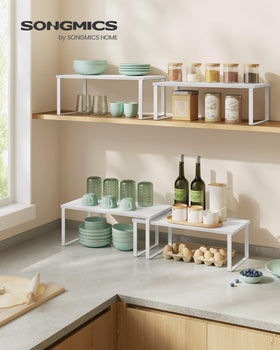 Songmics stackable kitchen shelves maximize cabinet storage and pantry organization.