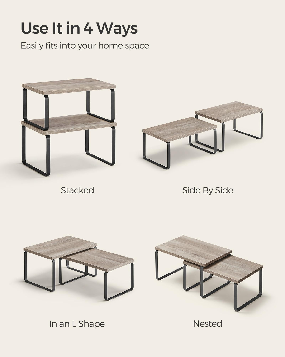 SONGMICS cabinet organizer shelf in heather greige complements modern kitchens while staying sturdy.