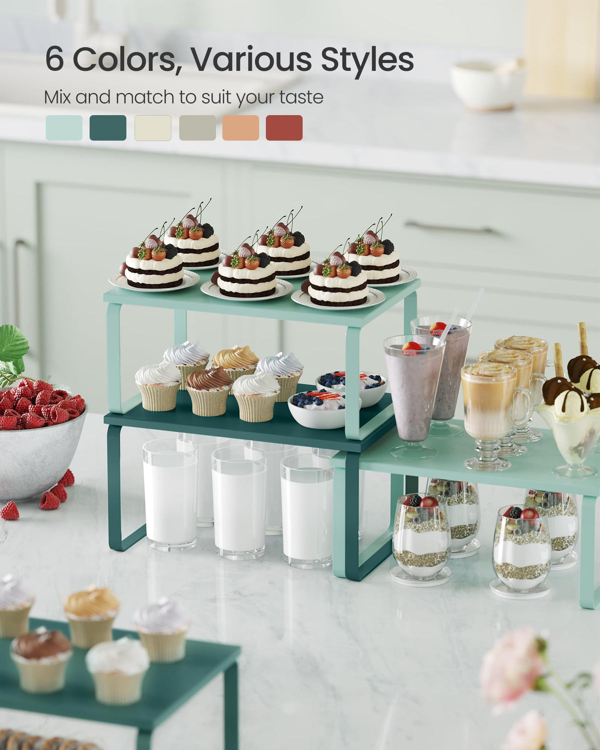 SongMics cabinet organizer stackable shelf demonstrates versatile placement in kitchen and dining areas.