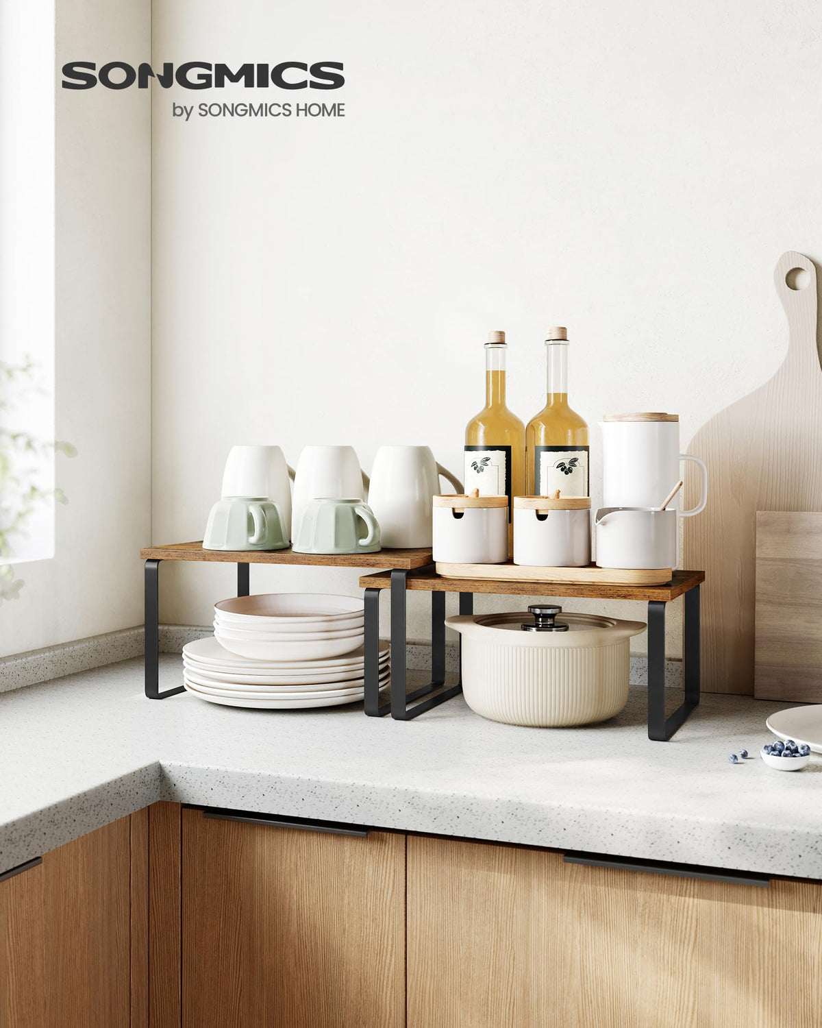 SongMICS cabinet organizer top view highlights layered shelves for spices and cans.