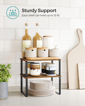 SONGMICS L-shape configuration adapts to corners for compact countertop organization.