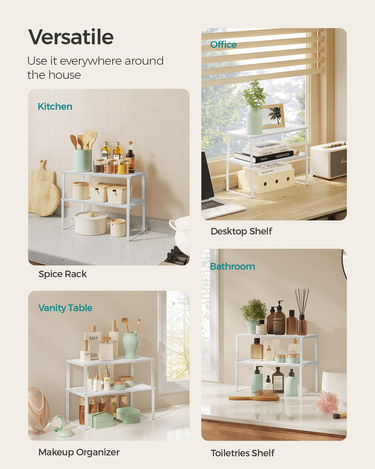 Songmics small-large shelves provide flexible dimensions for coffee makers or gadgets.