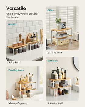 Songmics stackable adjustable shelves fit tight kitchen spaces.