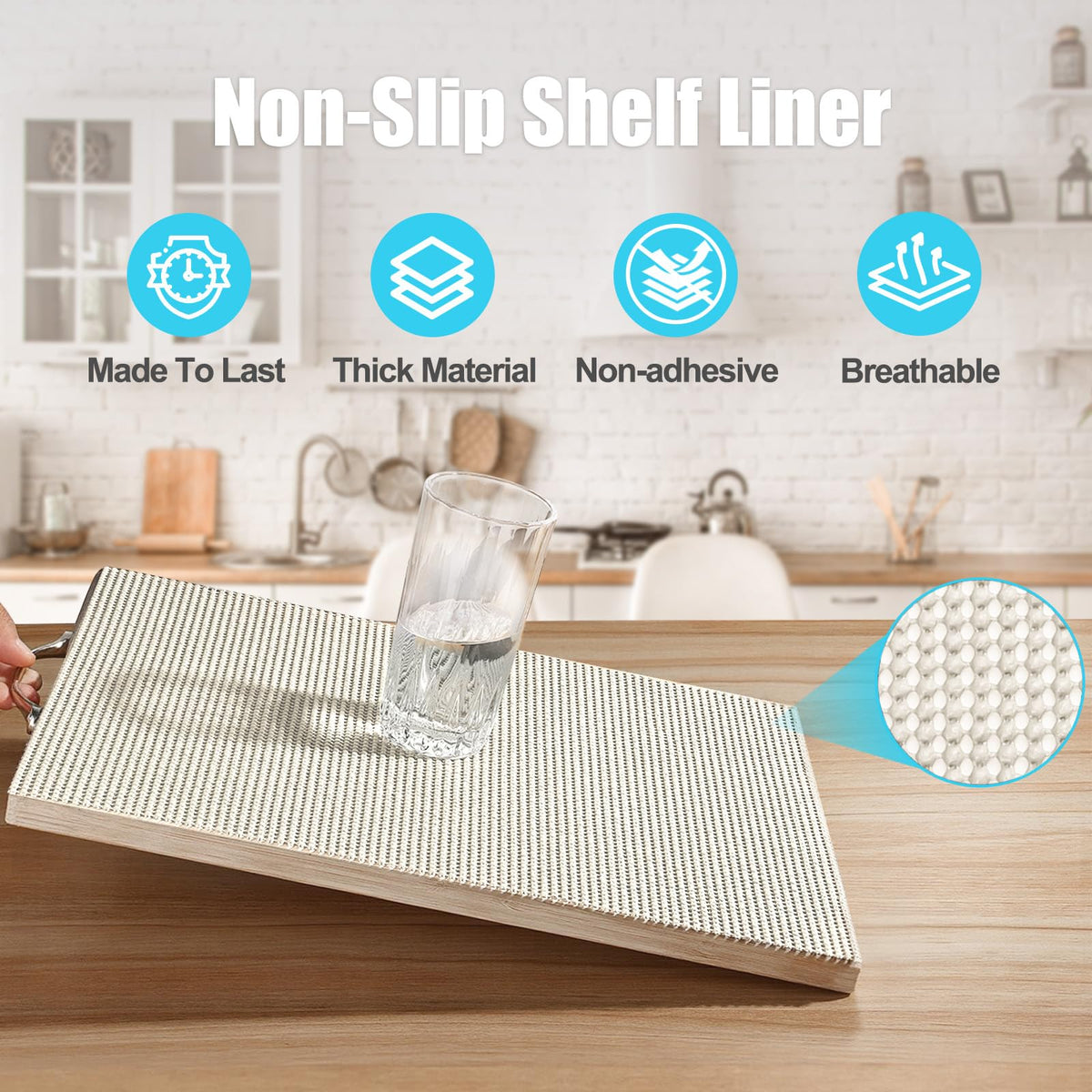 Songrey non-slip cabinet liner shows strong grip, preventing items from sliding on shelves.
