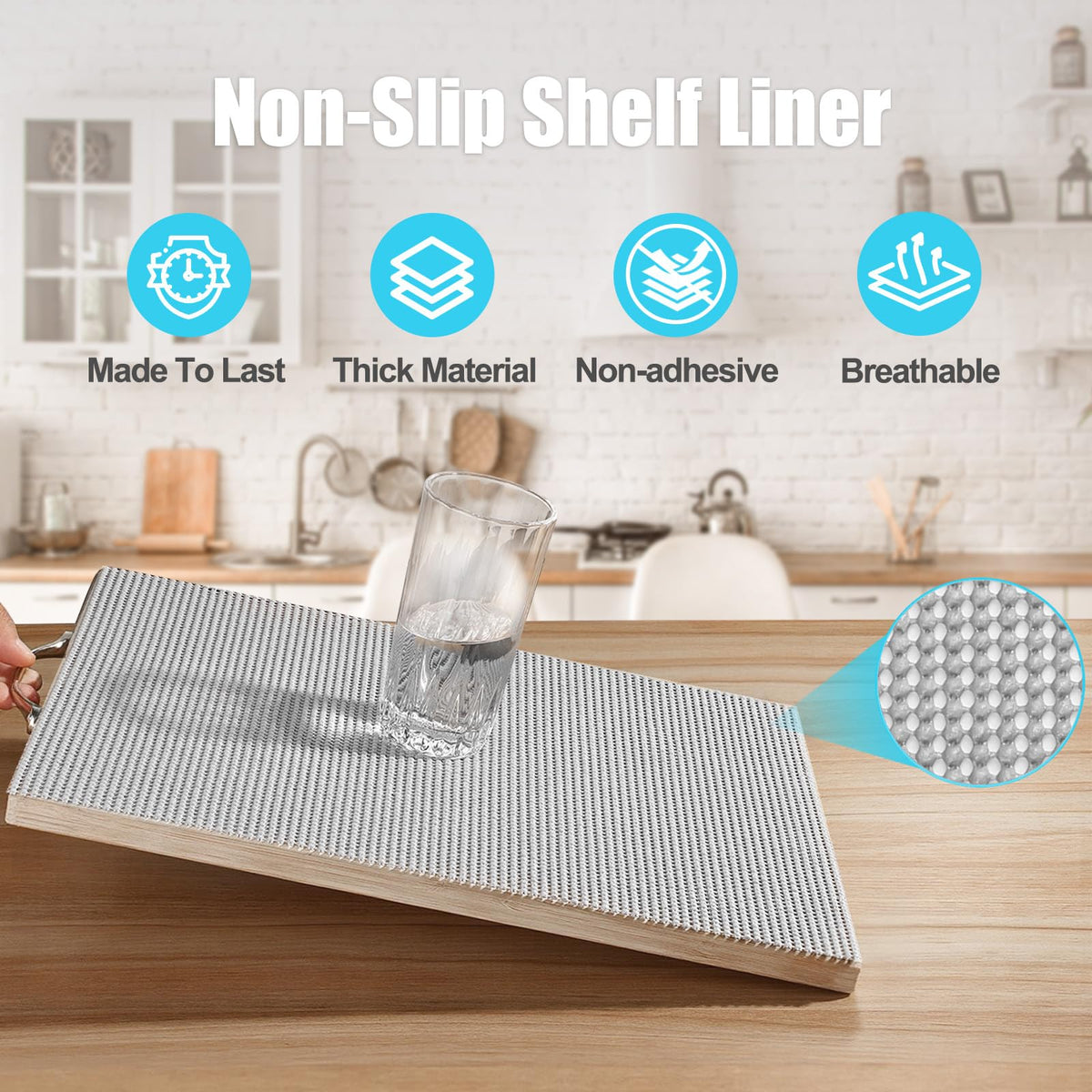 Songrey non-slip liner in-drawer closeup demonstrates grip that keeps items in place.