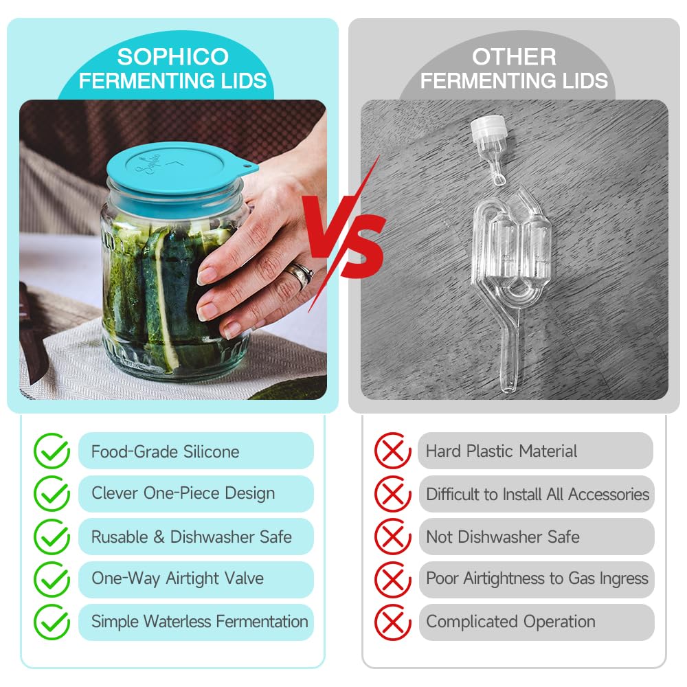 SOPHICO lids fit wide-mouth jars securely for sauerkraut and kimchi.