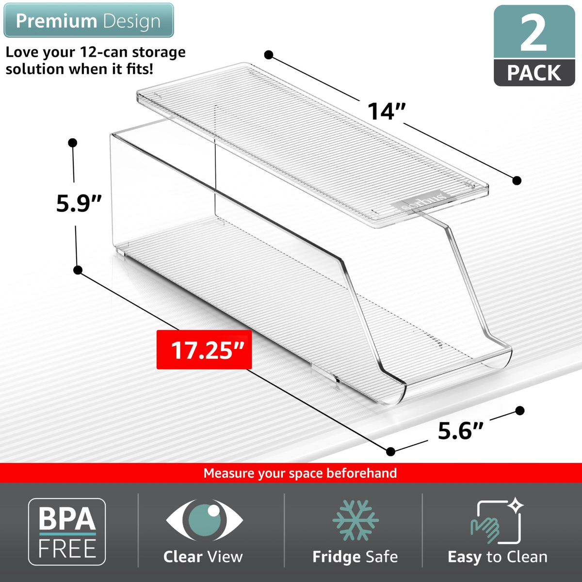 Sorbus 12-can bin for fridge showcases beverages clearly for quick selection.