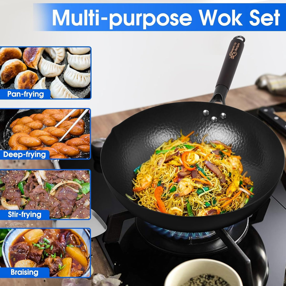 Souped Up Recipes wok lid included for simmering sauces and heat retention