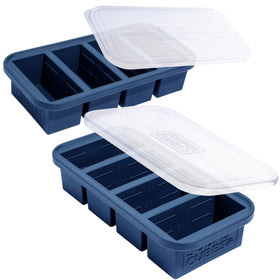 Souper Cubes 1 cup silicone freezer molds with lids in blueberry enable easy meal portions.