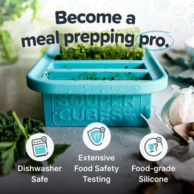 Souper Cubes aqua fill-lines mold enables precise 1/2 cup portions.