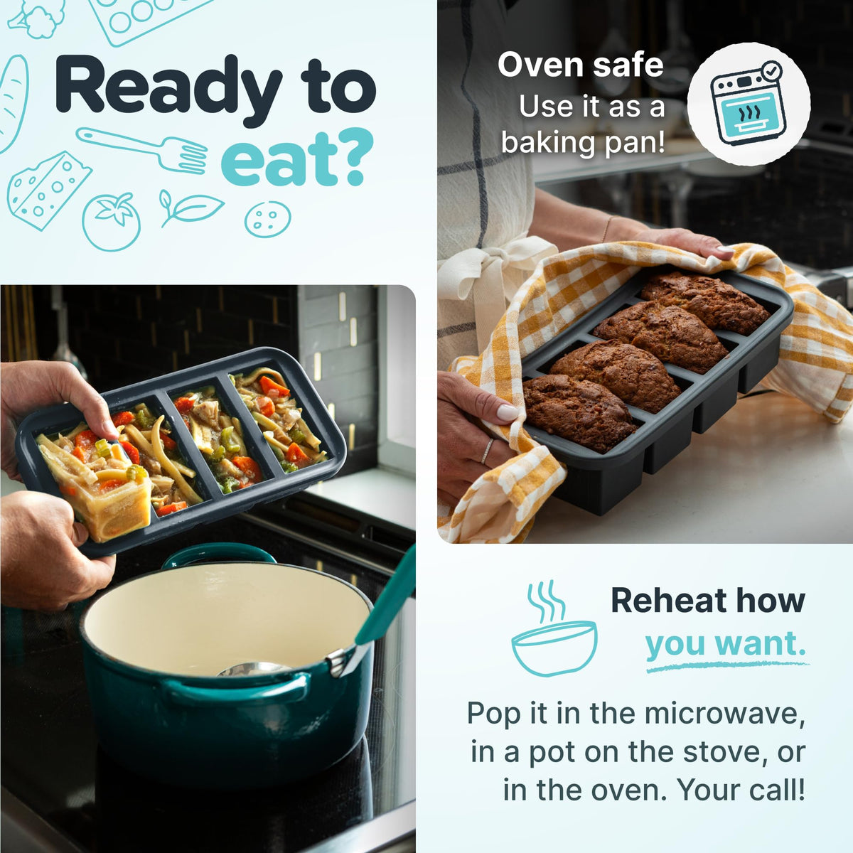 Souper Cubes dishwasher-safe silicone freezer trays simplify cleanup after batch prep.