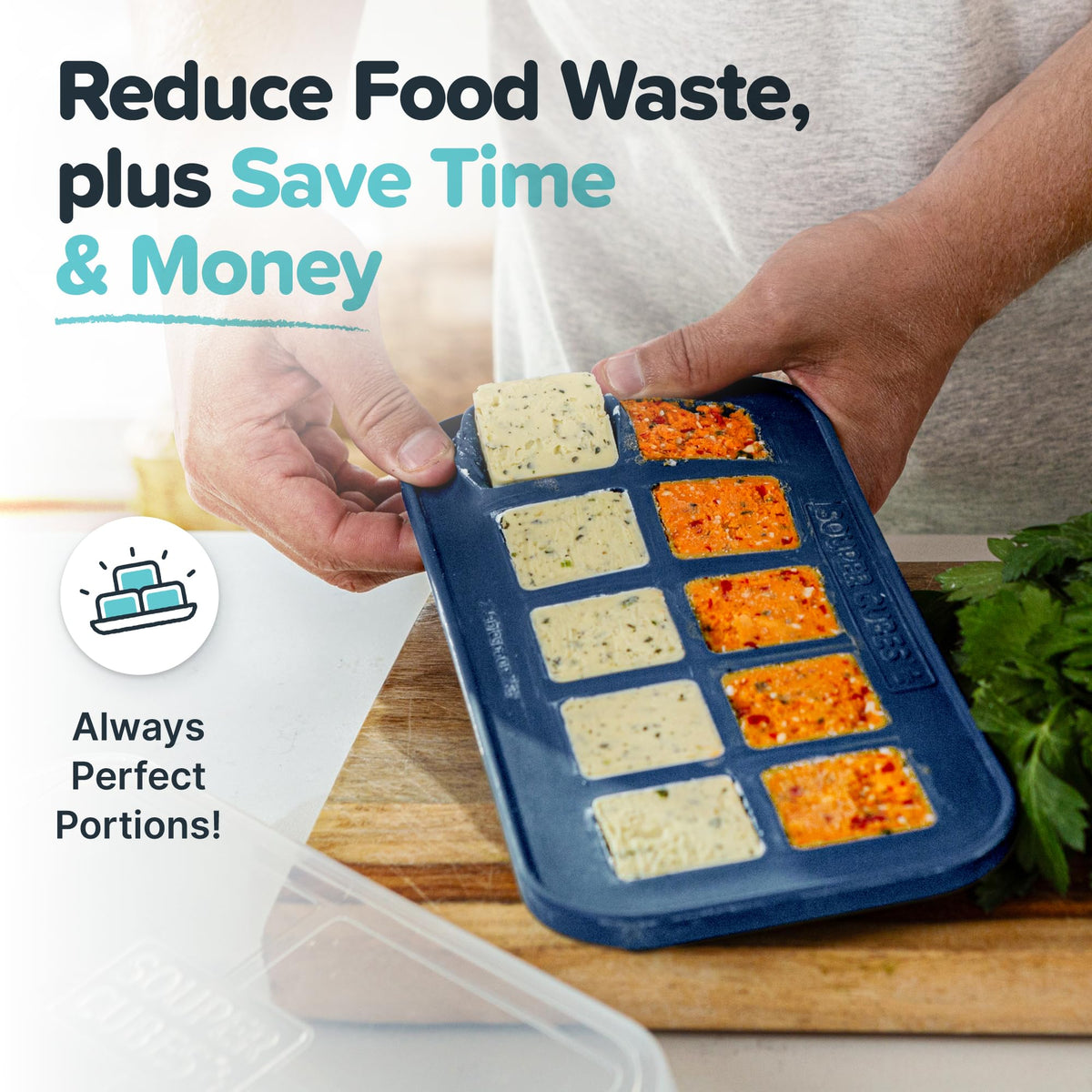 Souper Cubes tray shows fill lines for precise 1tbsp and 2tbsp portions.