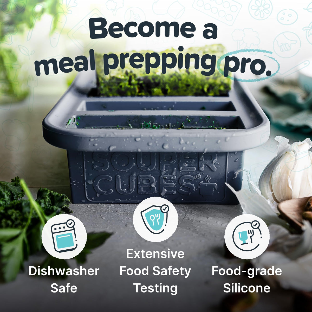 Souper Cubes fill-lines for half-cup and quarter-cup portions aid accurate freezing.