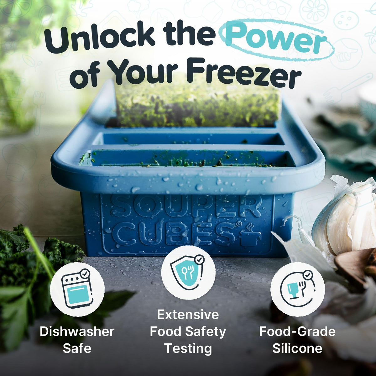 Stacked Souper Cubes freezer trays save space in the freezer.