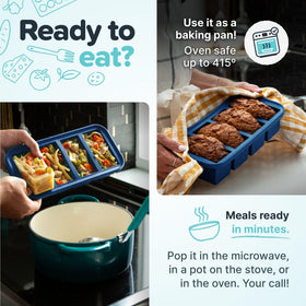 Souper Cubes blue freezer lids stack neatly for space-saving storage.