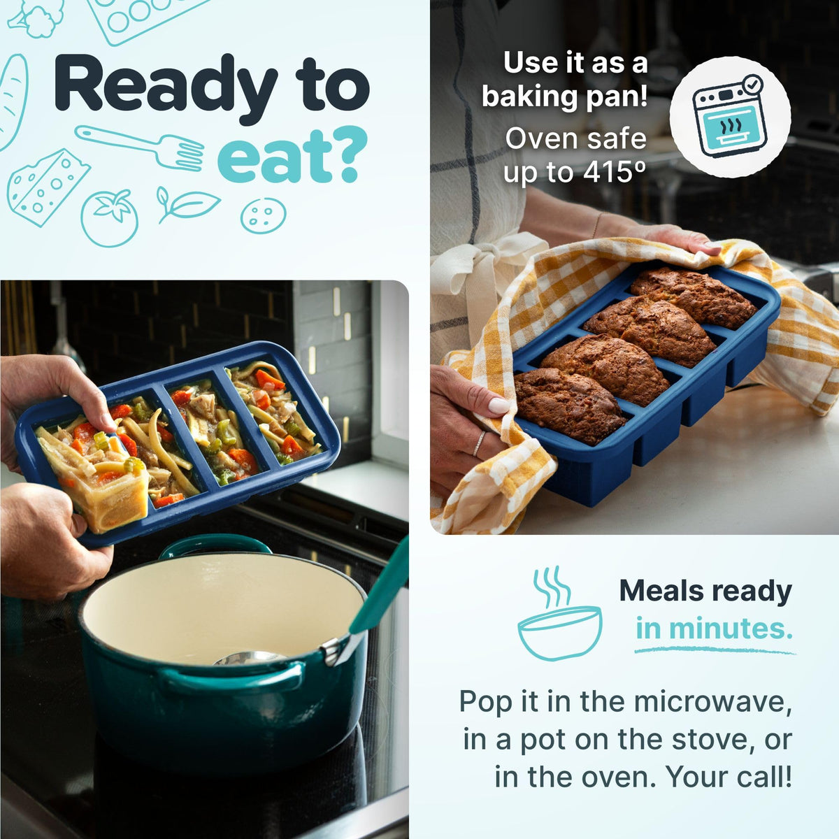 Souper Cubes oven-safe up to 415 F with lid removed for versatile cooking tasks