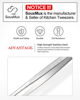 SouxMux stainless steel kitchen tongs with rust-resistant coating for long-lasting use.