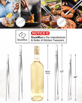 SouxMux stainless steel tweezers with serrated tips securely grip small ingredients.