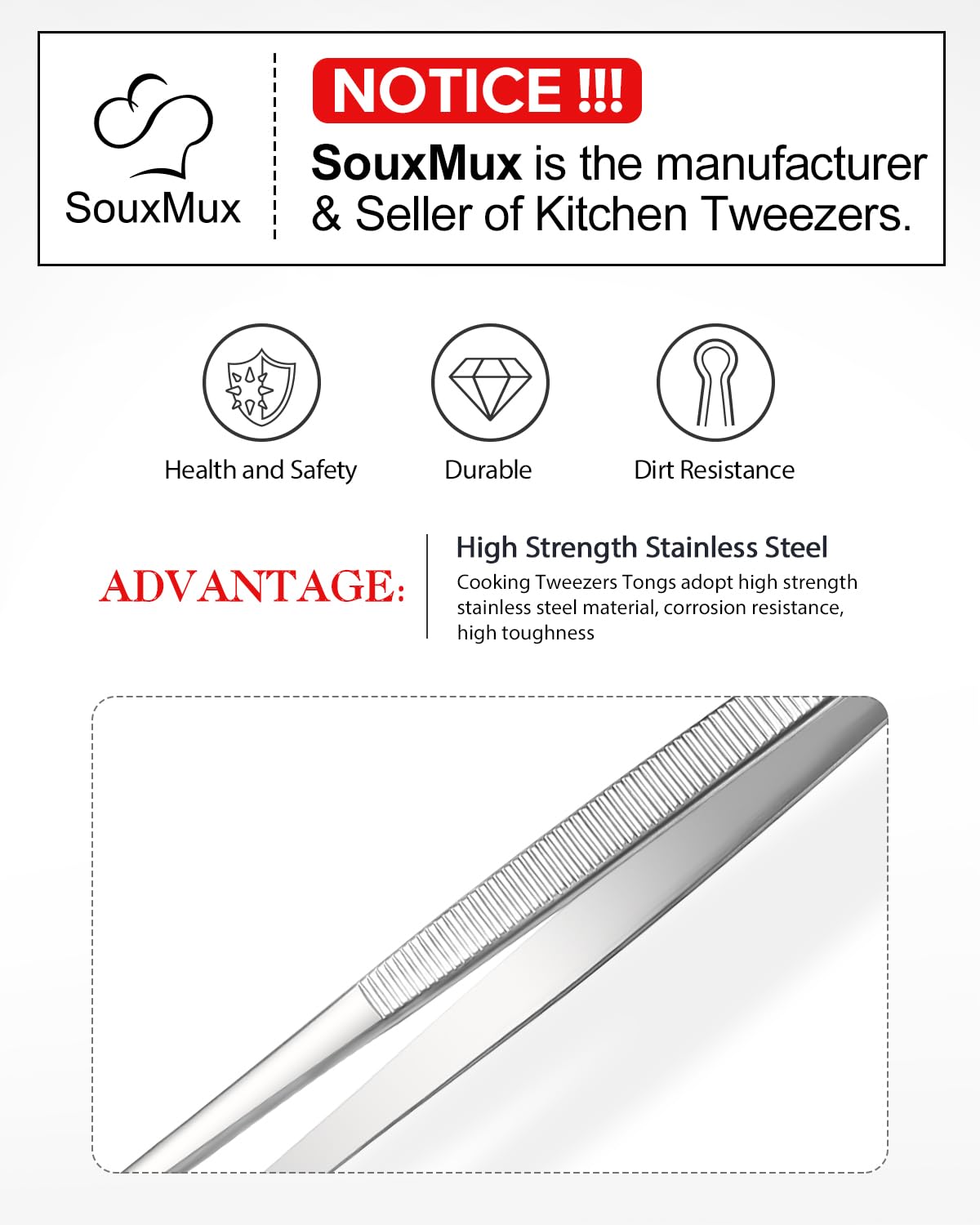 SouxMux tweezers grooved handle provides non-slip grip in greasy kitchens