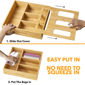 SpaceAid bag organizer fits gallon, quart, sandwich, and snack bags.