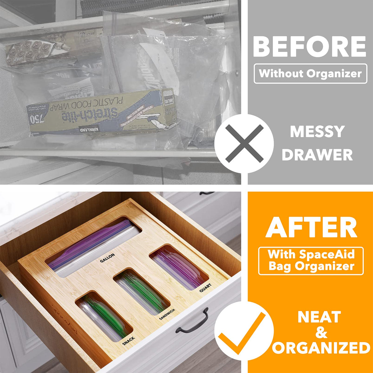 SpaceAid bamboo organizer with four slots keeps bags orderly.