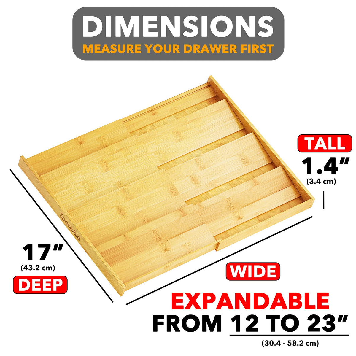 SpaceAid bamboo drawer insert highlights sturdy wood construction.
